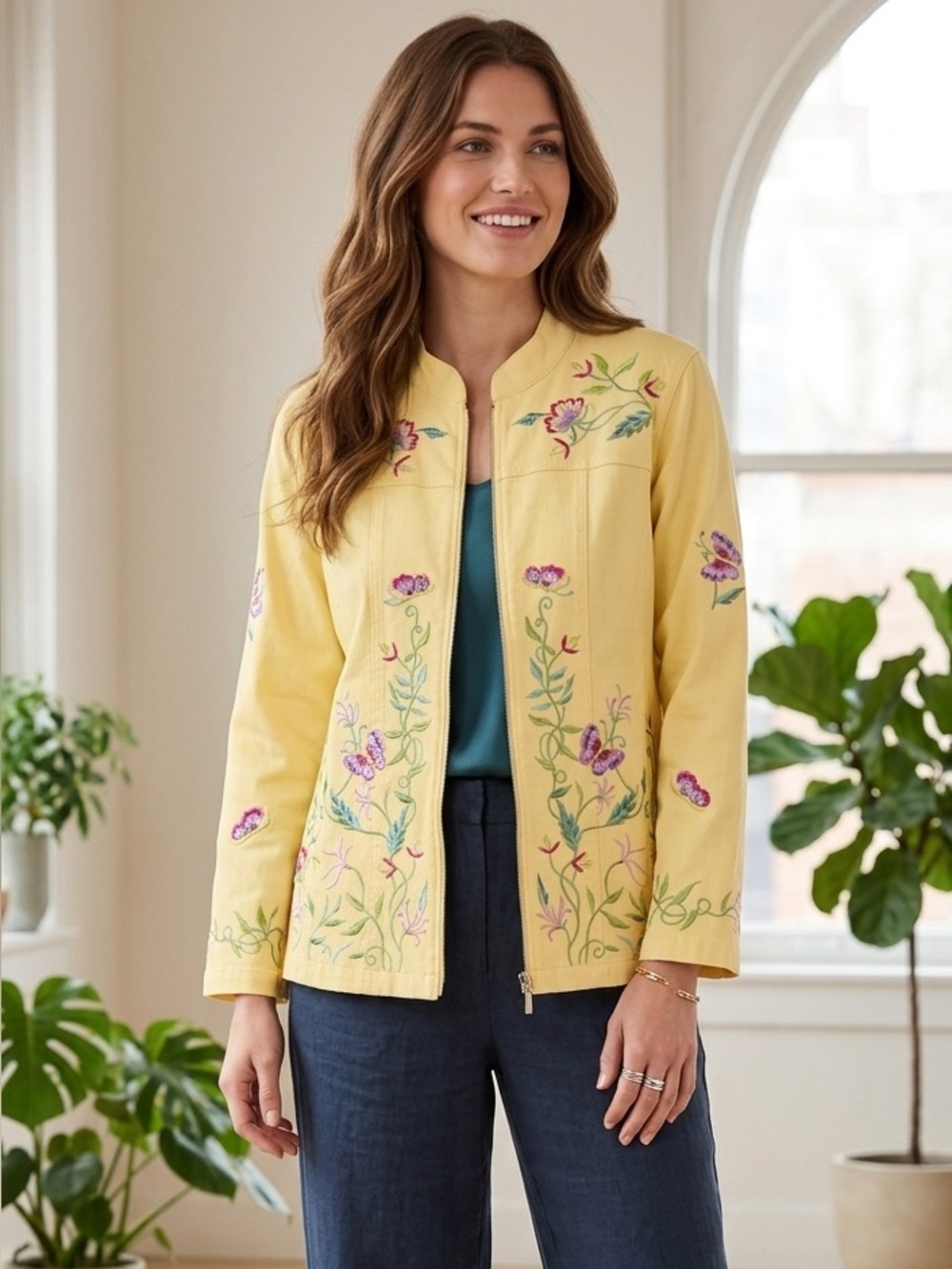 Alfred Dunner Yellow Floral Utility Jacket
